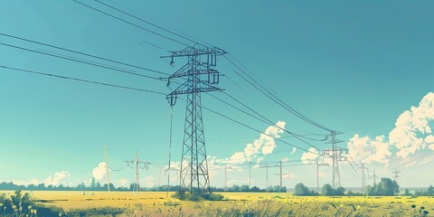 High-voltage power lines crossing countryside, perspective view, clear day, essential infrastructure. 