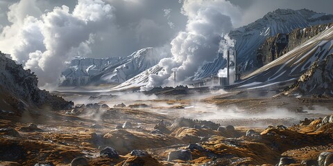 Geothermal energy plant in volcanic area, steam vents, rugged terrain, early morning light.  - obrazy, fototapety, plakaty