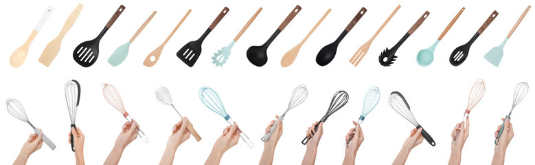Women holding different whisks, set of closeup photos. Different kitchen utensils on white background