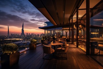 A Luxurious Boutique Hotel with a Vibrant Rooftop Bar Overlooking the Bustling Cityscape at Dusk - obrazy, fototapety, plakaty
