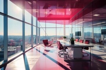 A Bright and Airy Office Space with Raspberry Colored Accents, Modern Furniture, and Large Windows Overlooking the City