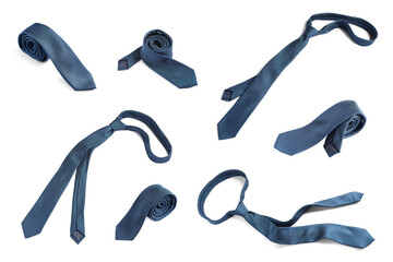 Obraz premium Steel blue tie isolated on white, collage. Stylish accessory