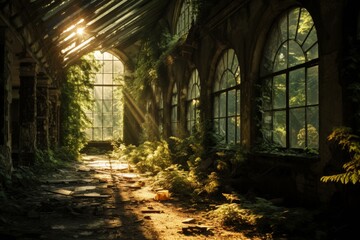 Fototapeta na wymiar A Hauntingly Beautiful Depiction of an Abandoned Sanatorium Overgrown with Nature, Bathed in the Soft Glow of a Setting Sun