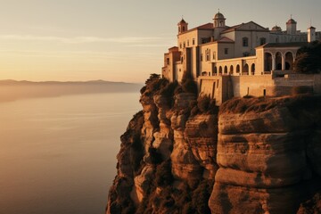 A Serene Cliffside Monastery Overlooking the Vast Ocean, Bathed in the Golden Glow of the Setting Sun - obrazy, fototapety, plakaty