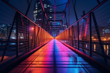 A Vibrant Urban Pedestrian Bridge Illuminated by Neon Lights, Reflecting on the Rain-soaked Streets Below at Dusk