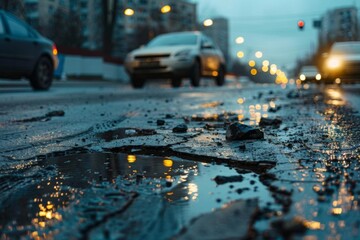 damaged asphalt road with potholes in city at evening infrastructure issues - obrazy, fototapety, plakaty