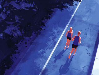Two people running together on a shaded path, with a strong contrast of light and shadow.