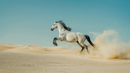 Naklejka na ściany i meble White horse in the desert, thoroughbred horse racer in motion