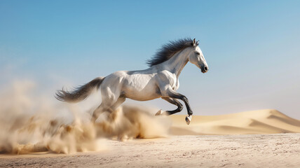 Obraz na płótnie Canvas White horse in the desert, thoroughbred horse racer in motion