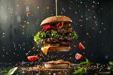 deconstructed double cheeseburger with exploding ingredients flying bun meat and vegetables creative photo - obrazy, fototapety, plakaty