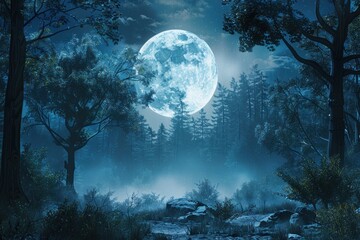 Nighttime forest scene with full moon and silhouettes of pine trees.