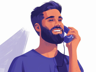 Illustration of a smiling bearded man talking on the phone. - obrazy, fototapety, plakaty