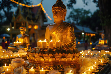Buddha in lotus position surrounded by burning candles in temple courtyard. Holiday Buddha's Birthday. Full length statue. Buddhism concept