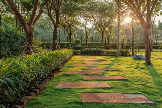 Laterite stepping stones on green lawn with ficus and shrubs to the left background of trees in evening sunlight in public park