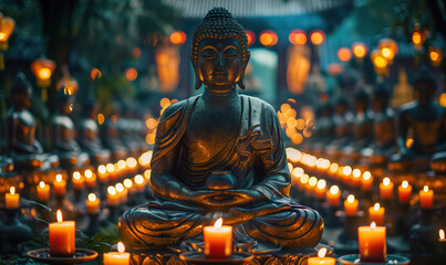 Buddha in lotus position surrounded by burning candles in temple courtyard. Holiday Buddha's Birthday. Full length statue. Buddhism concept