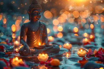 Buddha meditation in lotus position, against lotus flowers with candles. Buddha's birthday. Template for design, place for text. Buddhism concept - Powered by Adobe