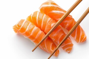 Japanese salmon poke and kani sushi white background top view