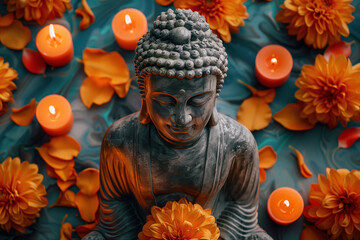 Buddha holds flower. Buddha statue in temple surrounded orange flowers and fire candles. Buddha's Birthday Holiday