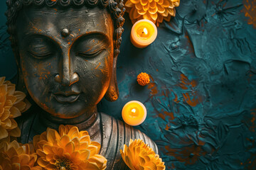 Flat lay: Buddha close-up, yellow lotus flowers and candles on dark turquoise textured background,...