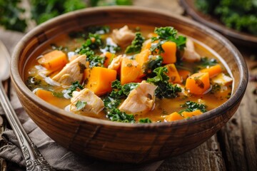 Kale sweet potato chicken stew on wood background with selective focus