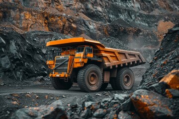 Large dump truck transporting minerals from open pit mine