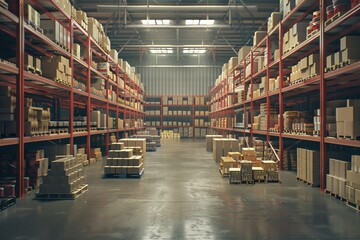 Large retail warehouse with shelves of goods in boxes packages no people Logistics for product delivery