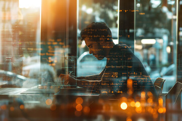 A concentrated person works on a laptop with complex data and code overlaying around them in a dynamic setting