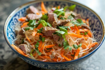 Noodle salad with meat and carrots