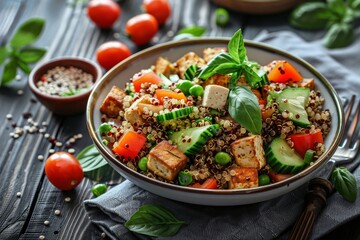 Organic vegan quinoa salad with tomato tofu and cucumber
