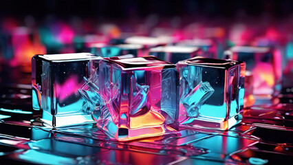 Transparent ice cube colorful light on dark background