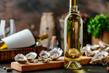 Oysters and white wine on food background