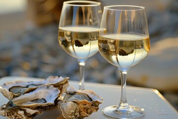 Oysters served with white wine