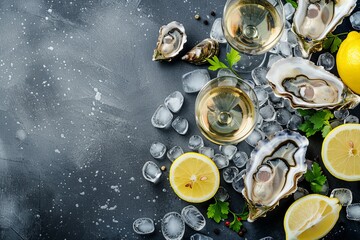 Oysters with wine lemon and ice at a restaurant Top view of oyster dish with champagne Text space on banner menu or recipe