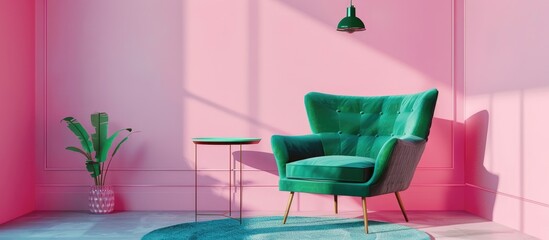 A room painted pink with a green armchair, rug, and side table.