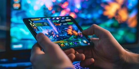 A person is playing a game on a phone. The game is colorful and has a fantasy theme - obrazy, fototapety, plakaty