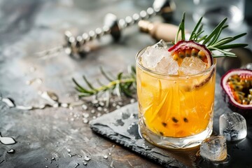 Passion fruit cocktail with rosemary and ice on wooden bar background Has space for text