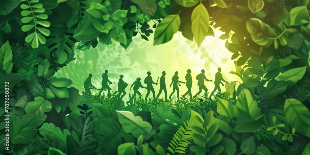 Aufkleber a group of people are walking through a lush green jungle. the image is a representation of the idea