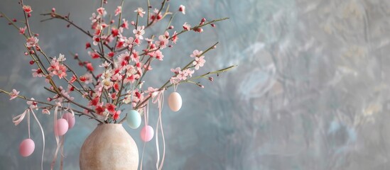 Pink spring blossoms on an Easter tree in a cream vase, adorned with pastel egg decorations hanging from ribbons, set against a gray background.