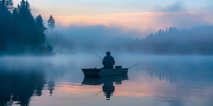 A man is fishing in a boat on a lake. The sky is cloudy and the water is calm