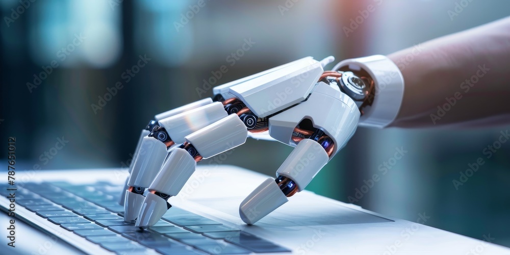 Poster a robotic hand is typing on a keyboard. concept of technology and automation, as the robotic hand is
