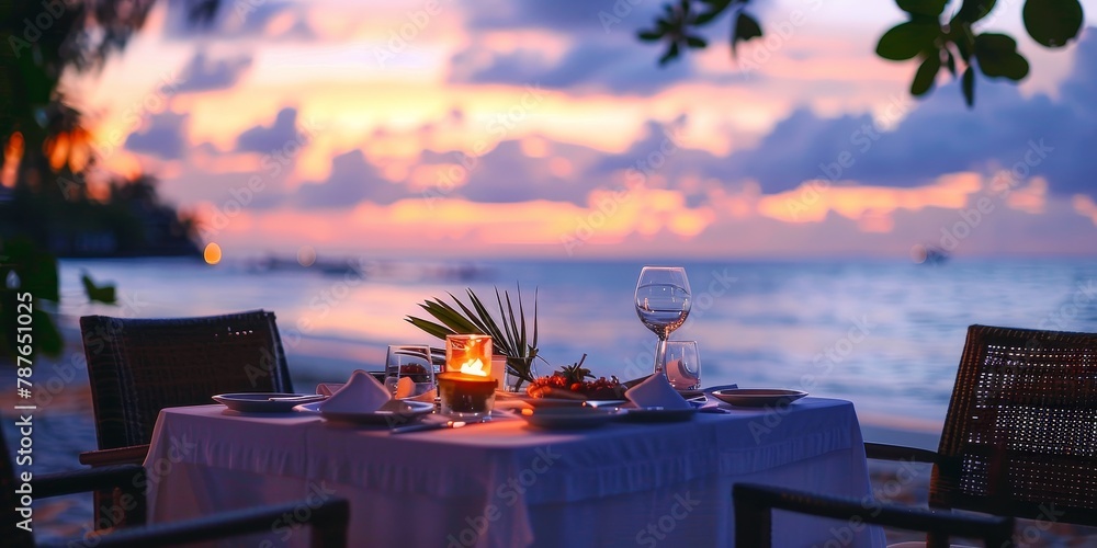 Poster a table with a candle and two chairs is set up on a beach. the table is covered with white tableclot