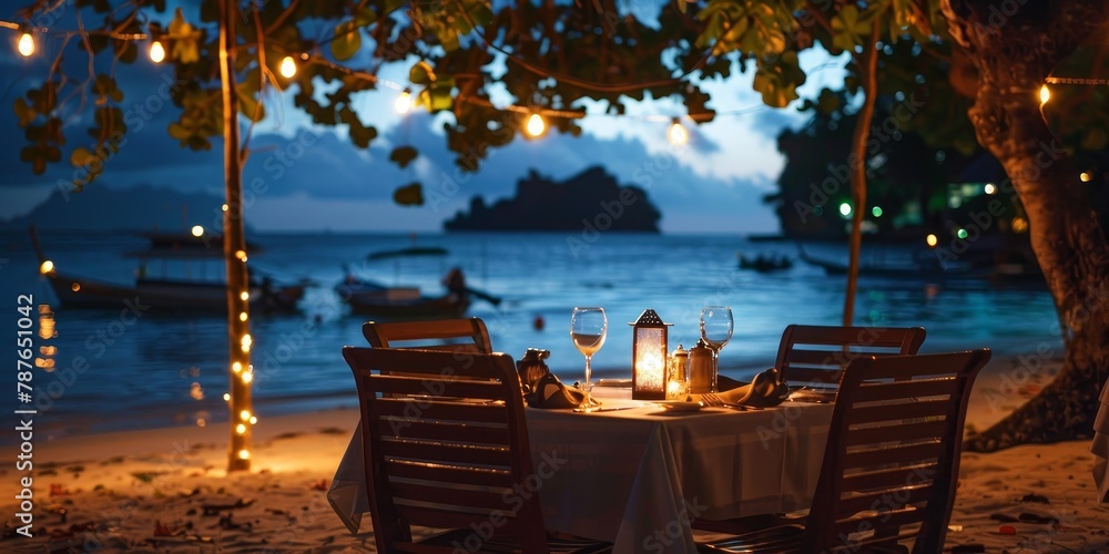 Aufkleber a beach setting with a table and chairs with a candle on it. the table is set for a romantic dinner