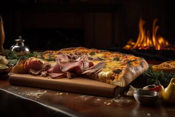 pizza on a wooden table in a restaurant with flames in the background