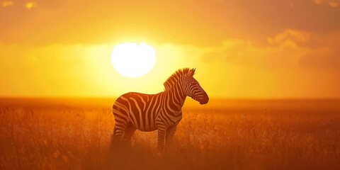 Fototapeta na wymiar A zebra stands in a field of tall grass, with the sun setting in the background. The scene is serene and peaceful, with the zebra being the only living creature in the image