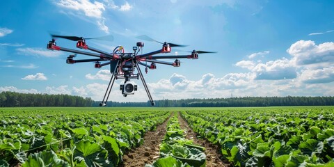 A drone is flying over a field of green plants. The drone is equipped with a camera and is likely being used for agricultural purposes. Concept of technology and innovation in the field of farming