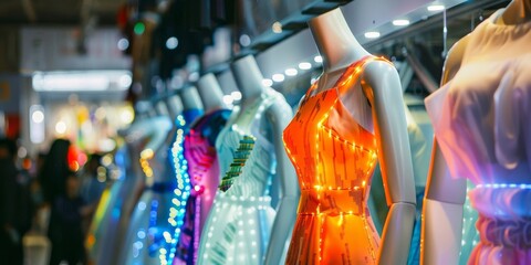 A display of brightly lit dresses in a store window. The dresses are in various colors and styles, and the lighting makes them stand out. The scene suggests a festive or celebratory mood - obrazy, fototapety, plakaty