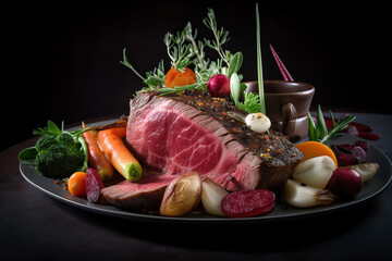Sliced roast beef with vegetables and herbs on a black plate