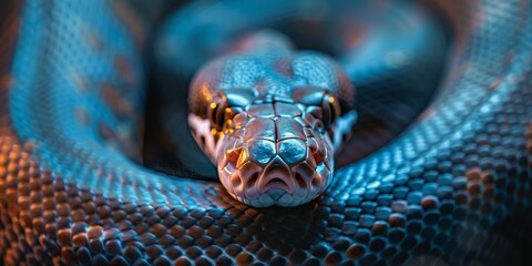A snake is curled up in a blue light. The snake is black and white
