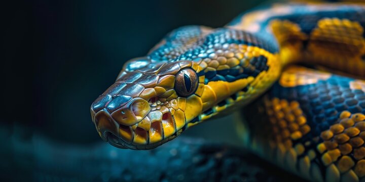 A snake with a black head and yellow and black body. The snake is laying on a rock
