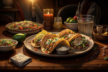 Mexican tacos with meat and vegetables on a wooden table in a restaurant